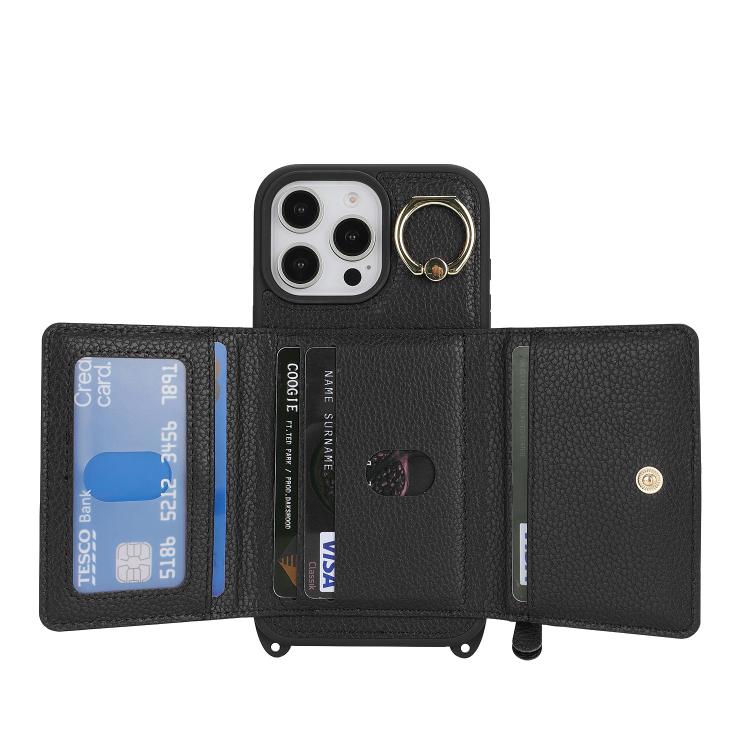 For iPhone 13 Pro Crossbody Zipper Wallet Ring Holder Litchi Leather Phone Case(Black) - iPhone 13 Pro Cases by buy2fix | Online Shopping UK | buy2fix