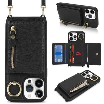 For iPhone 14 Pro Max Crossbody Zipper Wallet Ring Holder Litchi Leather Phone Case(Black) - iPhone 14 Pro Max Cases by buy2fix | Online Shopping UK | buy2fix
