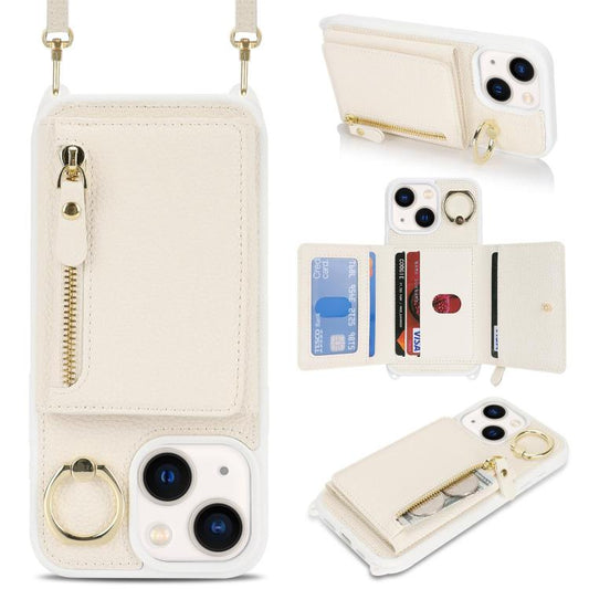 For iPhone 15 Crossbody Zipper Wallet Ring Holder Litchi Leather Phone Case(Apricot) - iPhone 15 Cases by buy2fix | Online Shopping UK | buy2fix