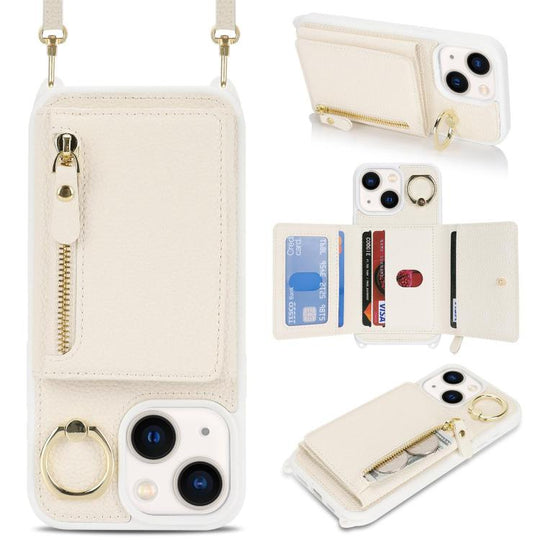 For iPhone 15 Crossbody Zipper Wallet Ring Holder Litchi Leather Phone Case(Apricot)