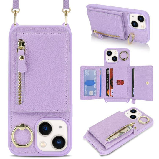 For iPhone 15 Crossbody Zipper Wallet Ring Holder Litchi Leather Phone Case(Purple)