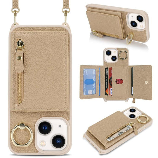 For iPhone 15 Crossbody Zipper Wallet Ring Holder Litchi Leather Phone Case(Rose Gold) - iPhone 15 Cases by buy2fix | Online Shopping UK | buy2fix