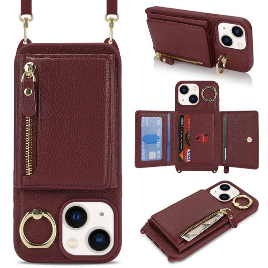 For iPhone 15 Crossbody Zipper Wallet Ring Holder Litchi Leather Phone Case(Red wine) - iPhone 15 Cases by buy2fix | Online Shopping UK | buy2fix