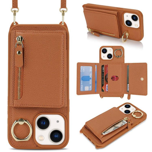 For iPhone 15 Crossbody Zipper Wallet Ring Holder Litchi Leather Phone Case(Brown) - iPhone 15 Cases by buy2fix | Online Shopping UK | buy2fix