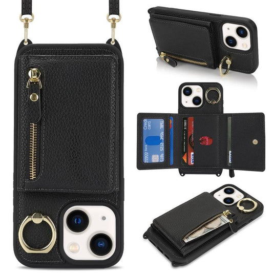 For iPhone 15 Crossbody Zipper Wallet Ring Holder Litchi Leather Phone Case(Black) - iPhone 15 Cases by buy2fix | Online Shopping UK | buy2fix