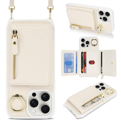 For iPhone 15 Pro Crossbody Zipper Wallet Ring Holder Litchi Leather Phone Case(Apricot) - iPhone 15 Pro Cases by buy2fix | Online Shopping UK | buy2fix