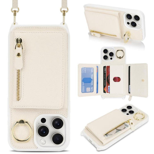 For iPhone 15 Pro Crossbody Zipper Wallet Ring Holder Litchi Leather Phone Case(Apricot) - iPhone 15 Pro Cases by buy2fix | Online Shopping UK | buy2fix