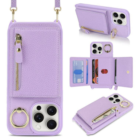 For iPhone 15 Pro Crossbody Zipper Wallet Ring Holder Litchi Leather Phone Case(Purple) - iPhone 15 Pro Cases by buy2fix | Online Shopping UK | buy2fix