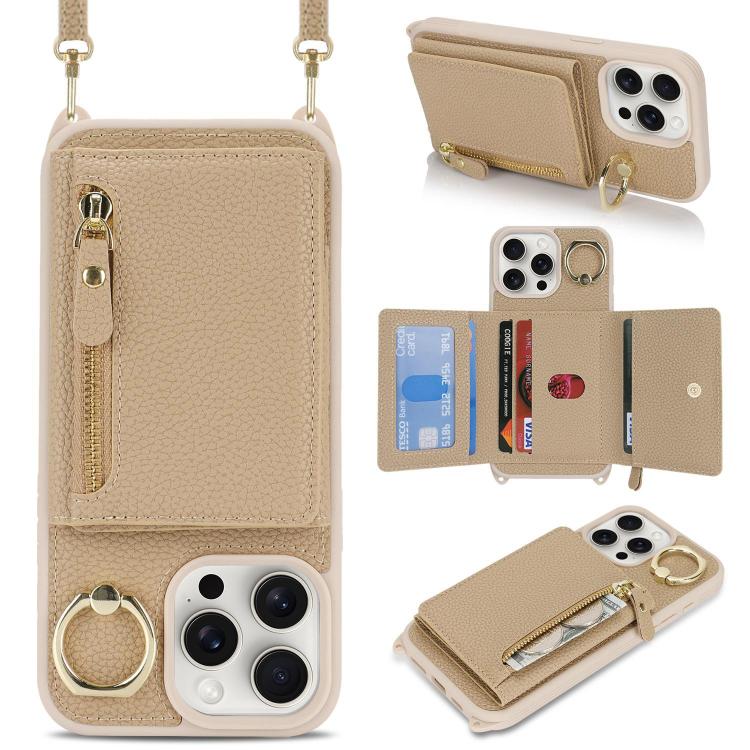 For iPhone 15 Pro Crossbody Zipper Wallet Ring Holder Litchi Leather Phone Case(Rose Gold) - iPhone 15 Pro Cases by buy2fix | Online Shopping UK | buy2fix