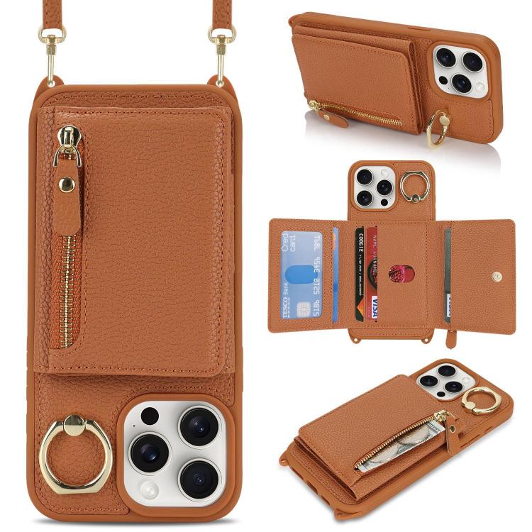 For iPhone 15 Pro Crossbody Zipper Wallet Ring Holder Litchi Leather Phone Case(Brown) - iPhone 15 Pro Cases by buy2fix | Online Shopping UK | buy2fix