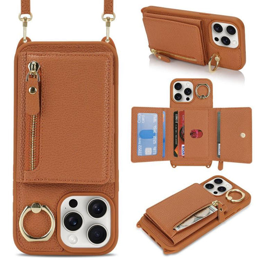 For iPhone 15 Pro Crossbody Zipper Wallet Ring Holder Litchi Leather Phone Case(Brown) - iPhone 15 Pro Cases by buy2fix | Online Shopping UK | buy2fix