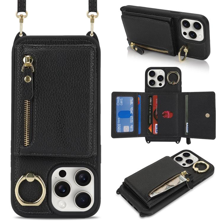 For iPhone 15 Pro Crossbody Zipper Wallet Ring Holder Litchi Leather Phone Case(Black) - iPhone 15 Pro Cases by buy2fix | Online Shopping UK | buy2fix