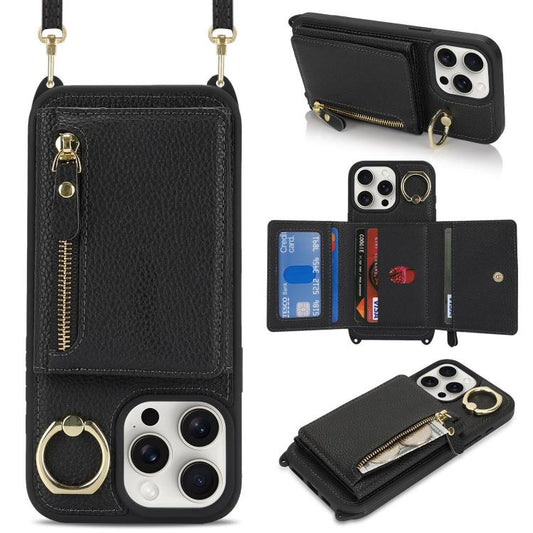 For iPhone 15 Pro Crossbody Zipper Wallet Ring Holder Litchi Leather Phone Case(Black) - iPhone 15 Pro Cases by buy2fix | Online Shopping UK | buy2fix