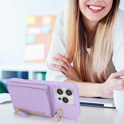 For iPhone 15 Pro Max Crossbody Zipper Wallet Ring Holder Litchi Leather Phone Case(Purple) - iPhone 15 Pro Max Cases by buy2fix | Online Shopping UK | buy2fix