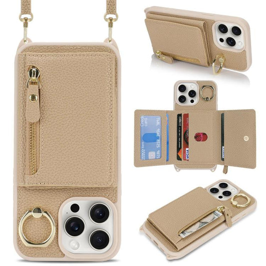 For iPhone 15 Pro Max Crossbody Zipper Wallet Ring Holder Litchi Leather Phone Case(Rose Gold) - iPhone 15 Pro Max Cases by buy2fix | Online Shopping UK | buy2fix