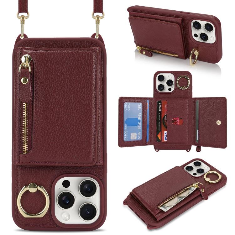 For iPhone 15 Pro Max Crossbody Zipper Wallet Ring Holder Litchi Leather Phone Case(Red wine) - iPhone 15 Pro Max Cases by buy2fix | Online Shopping UK | buy2fix