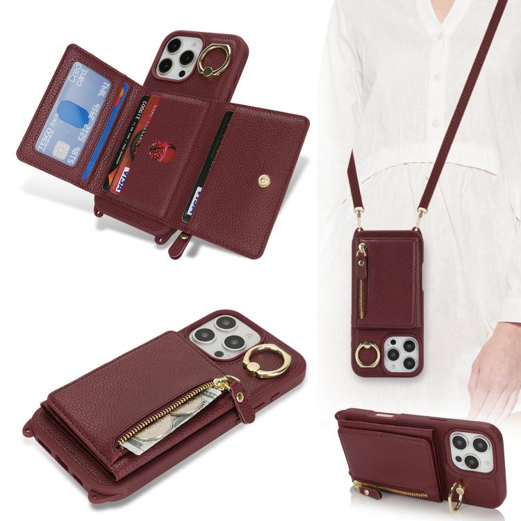 For iPhone 15 Pro Max Crossbody Zipper Wallet Ring Holder Litchi Leather Phone Case(Red wine) - iPhone 15 Pro Max Cases by buy2fix | Online Shopping UK | buy2fix