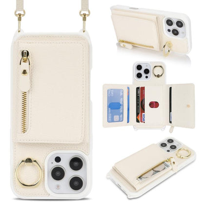 For iPhone 16 Pro Crossbody Zipper Wallet Ring Holder Litchi Leather Phone Case(Apricot) - iPhone 16 Pro Cases by buy2fix | Online Shopping UK | buy2fix
