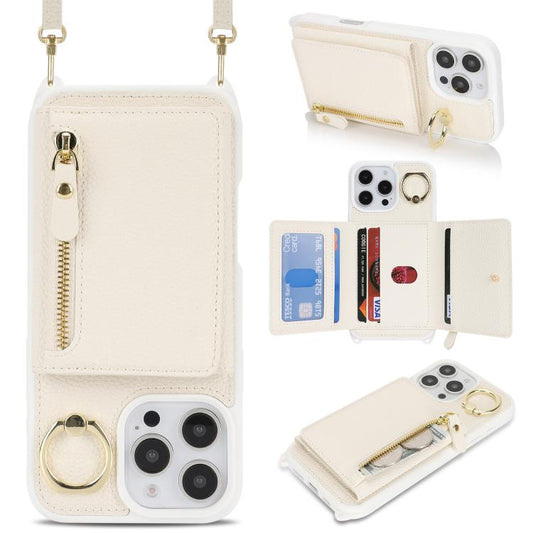 For iPhone 16 Pro Crossbody Zipper Wallet Ring Holder Litchi Leather Phone Case(Apricot) - iPhone 16 Pro Cases by buy2fix | Online Shopping UK | buy2fix