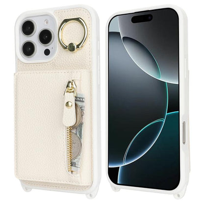 For iPhone 16 Pro Crossbody Zipper Wallet Ring Holder Litchi Leather Phone Case(Apricot) - iPhone 16 Pro Cases by buy2fix | Online Shopping UK | buy2fix