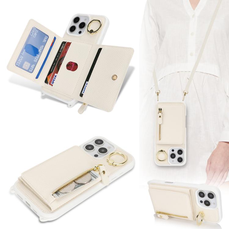 For iPhone 16 Pro Crossbody Zipper Wallet Ring Holder Litchi Leather Phone Case(Apricot) - iPhone 16 Pro Cases by buy2fix | Online Shopping UK | buy2fix