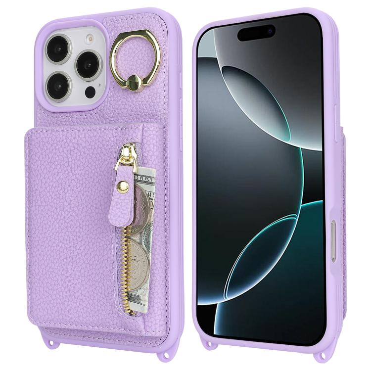 For iPhone 16 Pro Crossbody Zipper Wallet Ring Holder Litchi Leather Phone Case(Purple) - iPhone 16 Pro Cases by buy2fix | Online Shopping UK | buy2fix