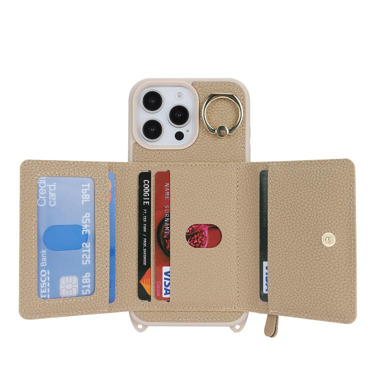 For iPhone 16 Pro Crossbody Zipper Wallet Ring Holder Litchi Leather Phone Case(Rose Gold) - iPhone 16 Pro Cases by buy2fix | Online Shopping UK | buy2fix
