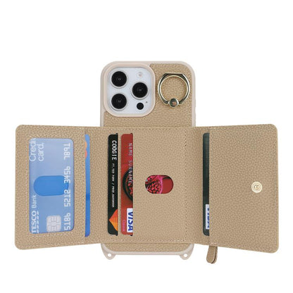 For iPhone 16 Pro Crossbody Zipper Wallet Ring Holder Litchi Leather Phone Case(Rose Gold) - iPhone 16 Pro Cases by buy2fix | Online Shopping UK | buy2fix