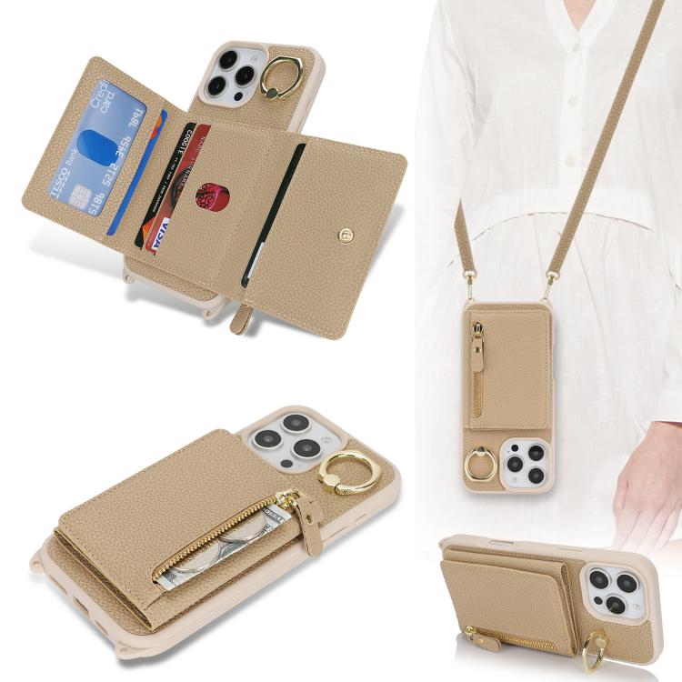 For iPhone 16 Pro Crossbody Zipper Wallet Ring Holder Litchi Leather Phone Case(Rose Gold) - iPhone 16 Pro Cases by buy2fix | Online Shopping UK | buy2fix