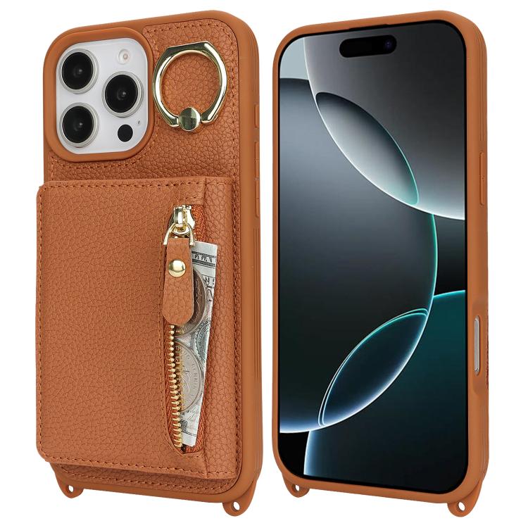 For iPhone 16 Pro Crossbody Zipper Wallet Ring Holder Litchi Leather Phone Case(Brown) - iPhone 16 Pro Cases by buy2fix | Online Shopping UK | buy2fix