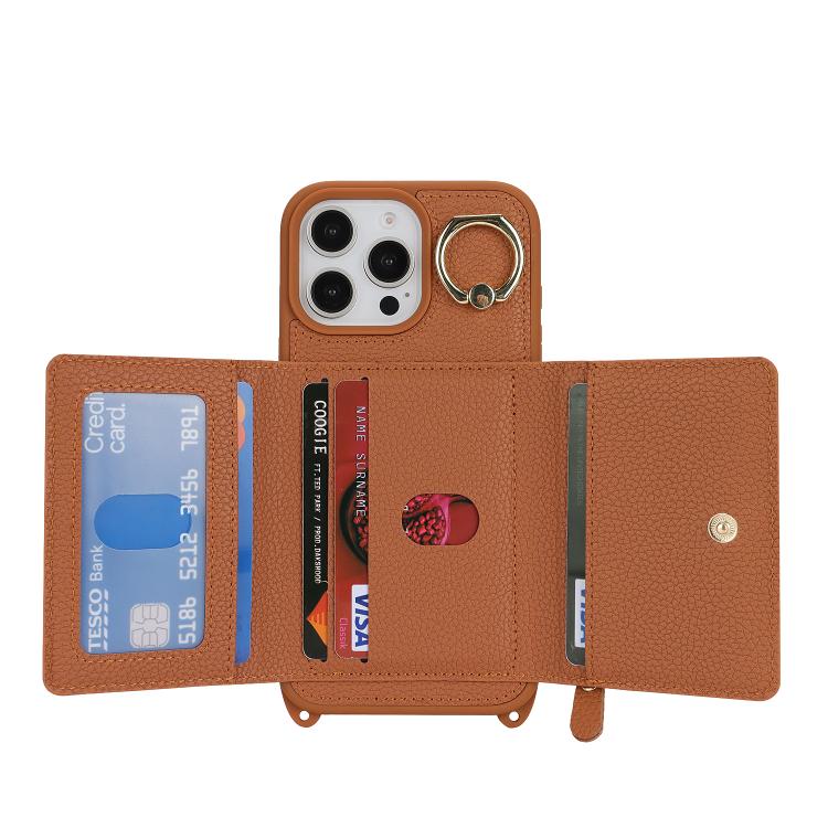 For iPhone 16 Pro Crossbody Zipper Wallet Ring Holder Litchi Leather Phone Case(Brown) - iPhone 16 Pro Cases by buy2fix | Online Shopping UK | buy2fix
