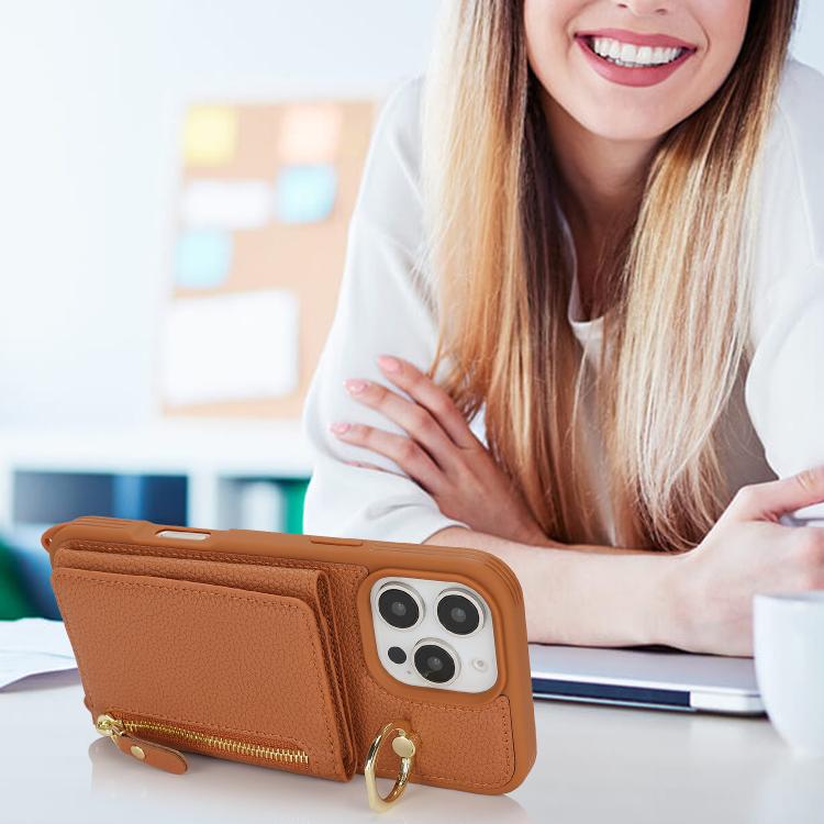 For iPhone 16 Pro Crossbody Zipper Wallet Ring Holder Litchi Leather Phone Case(Brown) - iPhone 16 Pro Cases by buy2fix | Online Shopping UK | buy2fix