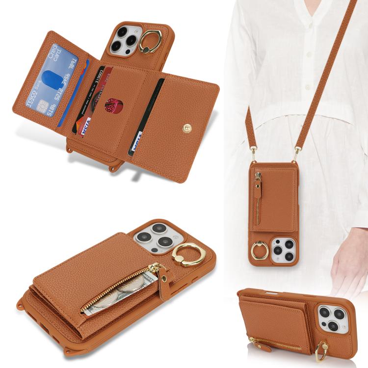 For iPhone 16 Pro Crossbody Zipper Wallet Ring Holder Litchi Leather Phone Case(Brown) - iPhone 16 Pro Cases by buy2fix | Online Shopping UK | buy2fix