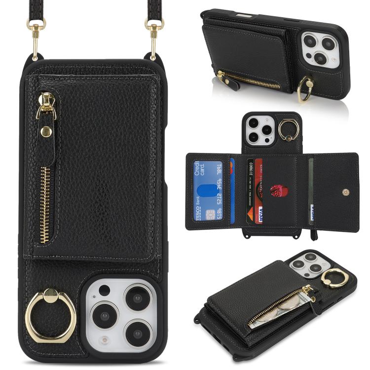 For iPhone 16 Pro Crossbody Zipper Wallet Ring Holder Litchi Leather Phone Case(Black) - iPhone 16 Pro Cases by buy2fix | Online Shopping UK | buy2fix