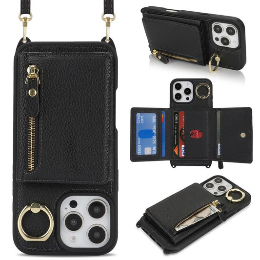 For iPhone 16 Pro Crossbody Zipper Wallet Ring Holder Litchi Leather Phone Case(Black) - iPhone 16 Pro Cases by buy2fix | Online Shopping UK | buy2fix