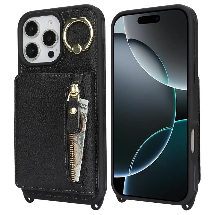 For iPhone 16 Pro Crossbody Zipper Wallet Ring Holder Litchi Leather Phone Case(Black) - iPhone 16 Pro Cases by buy2fix | Online Shopping UK | buy2fix
