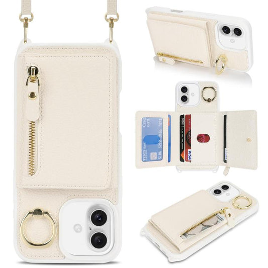 For iPhone 16 Plus Crossbody Zipper Wallet Ring Holder Litchi Leather Phone Case(Apricot) - iPhone 16 Plus Cases by buy2fix | Online Shopping UK | buy2fix
