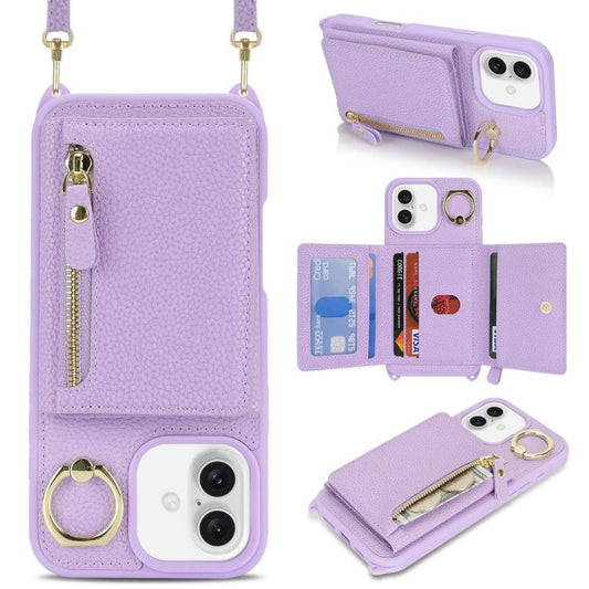 For iPhone 16 Plus Crossbody Zipper Wallet Ring Holder Litchi Leather Phone Case(Purple) - iPhone 16 Plus Cases by buy2fix | Online Shopping UK | buy2fix