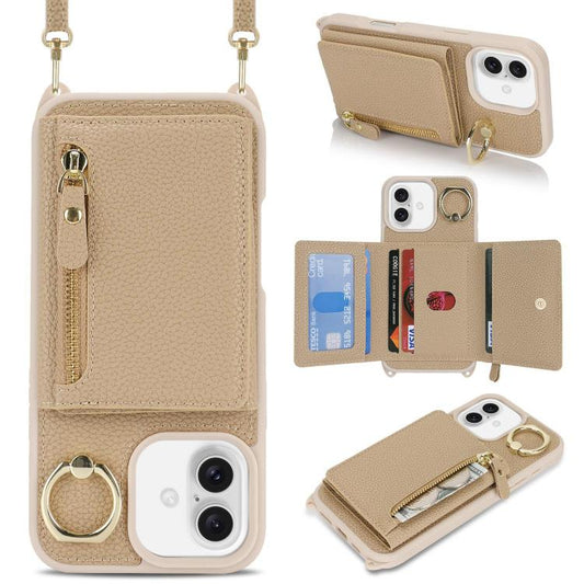 For iPhone 16 Plus Crossbody Zipper Wallet Ring Holder Litchi Leather Phone Case(Rose Gold) - iPhone 16 Plus Cases by buy2fix | Online Shopping UK | buy2fix