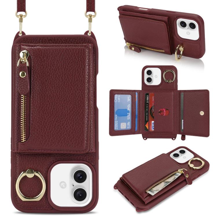 For iPhone 16 Plus Crossbody Zipper Wallet Ring Holder Litchi Leather Phone Case(Red wine) - iPhone 16 Plus Cases by buy2fix | Online Shopping UK | buy2fix
