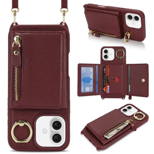 For iPhone 16 Plus Crossbody Zipper Wallet Ring Holder Litchi Leather Phone Case(Red wine) - iPhone 16 Plus Cases by buy2fix | Online Shopping UK | buy2fix