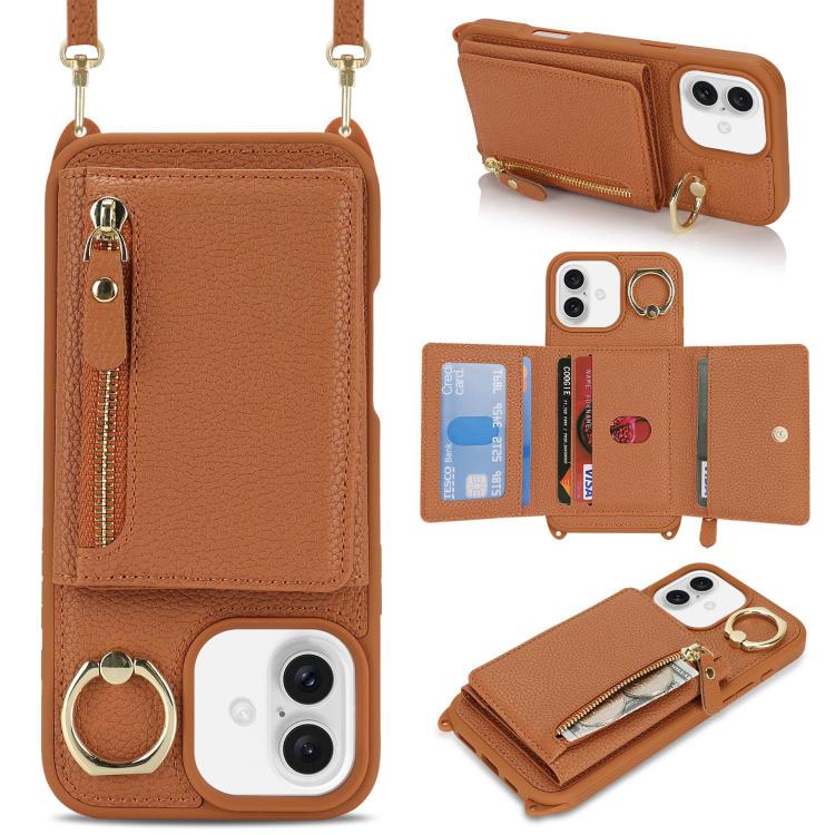 For iPhone 16 Plus Crossbody Zipper Wallet Ring Holder Litchi Leather Phone Case(Brown) - iPhone 16 Plus Cases by buy2fix | Online Shopping UK | buy2fix