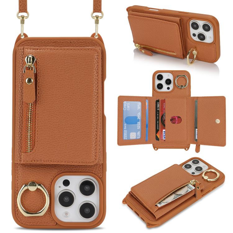 For iPhone 16 Pro Max Crossbody Zipper Wallet Ring Holder Litchi Leather Phone Case(Brown) - iPhone 16 Pro Max Cases by buy2fix | Online Shopping UK | buy2fix