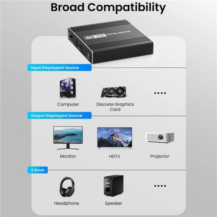 FD 1X2 4K 144HZ Audio Extractor Splitter DisplayPort 1.4 to Dual DisplayPort MST Hub, Plug:EU Plug - Switch by buy2fix | Online Shopping UK | buy2fix
