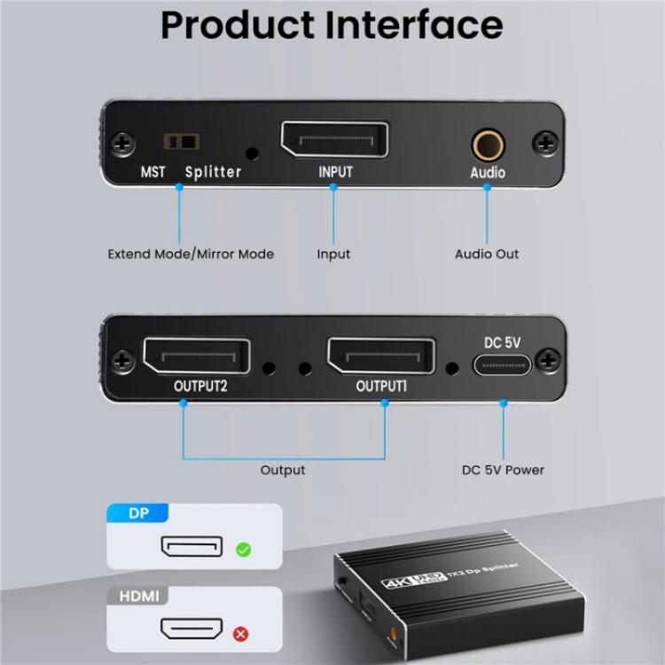 FD 1X2 4K 144HZ Audio Extractor Splitter DisplayPort 1.4 to Dual DisplayPort MST Hub, Plug:EU Plug - Switch by buy2fix | Online Shopping UK | buy2fix