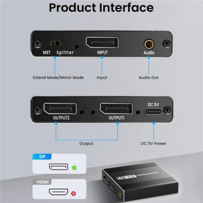 FD 1X2 4K 144HZ Audio Extractor Splitter DisplayPort 1.4 to Dual DisplayPort MST Hub, Plug:EU Plug - Switch by buy2fix | Online Shopping UK | buy2fix