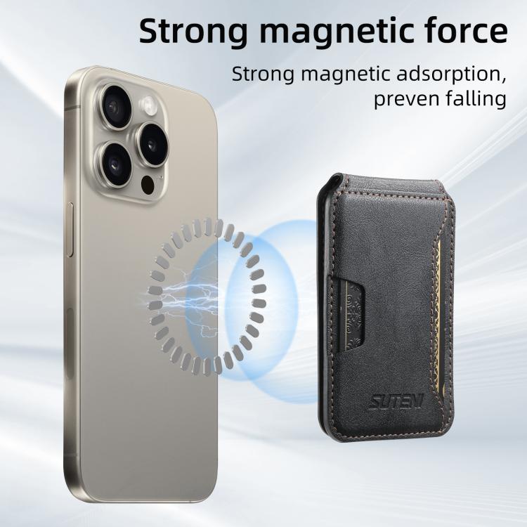 Suteni S3 Cowhide Textured MagSafe Magnetic Card Case(Black) - Adhesive Card Holders by Suteni | Online Shopping UK | buy2fix