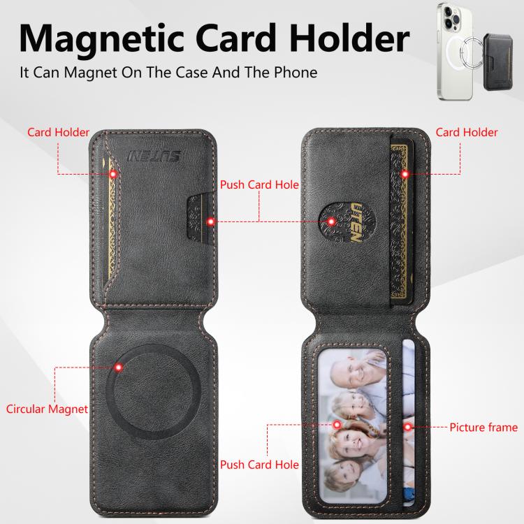 Suteni S3 Cowhide Textured MagSafe Magnetic Card Case(Black) - Adhesive Card Holders by Suteni | Online Shopping UK | buy2fix
