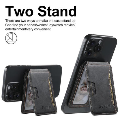 Suteni S3 Cowhide Textured MagSafe Magnetic Card Case(Black) - Adhesive Card Holders by Suteni | Online Shopping UK | buy2fix