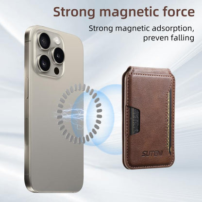 Suteni S3 Cowhide Textured MagSafe Magnetic Card Case(Brown) - Adhesive Card Holders by Suteni | Online Shopping UK | buy2fix